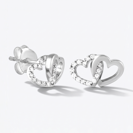 SURGICAL STEEL STUD EARRINGS INTERLOCKING HEARTS WITH CLEAR GEMS POLISHED OUTLINE