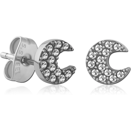 316L SURGICAL STEEL STUD EARRINGS CRESCENT HALF MOON PAVE CLEAR GEMS