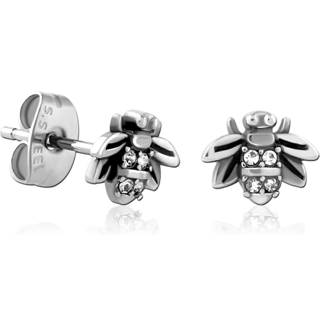 316L SURGICAL STEEL STUD EARRINGS BEE DESIGN WITH CLEAR GEM ACCENTS