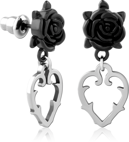 316L SURGICAL STEEL STUD EARRINGS BLACK ROSE DANGLE WITH HEART CHARM