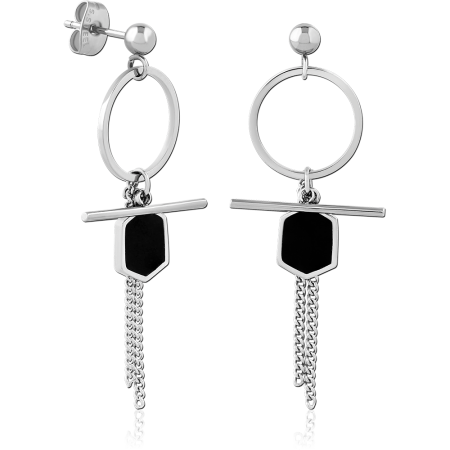 316L SURGICAL STEEL STUD EARRINGS GEOMETRIC HOOP BAR WITH BLACK HEXAGON AND CHAIN CHARMS