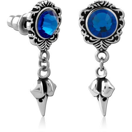 316L SURGICAL STEEL STUD EARRINGS ORNATE FRAME GEM WITH TWIN SPIKE CHARMS