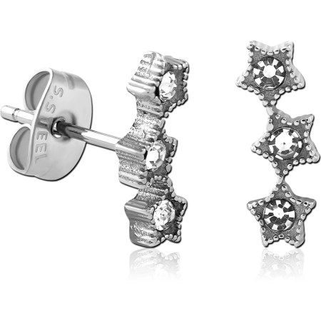 316L SURGICAL STEEL STUD EARRINGS TRIPLE STARS WITH CLEAR GEM CENTERS