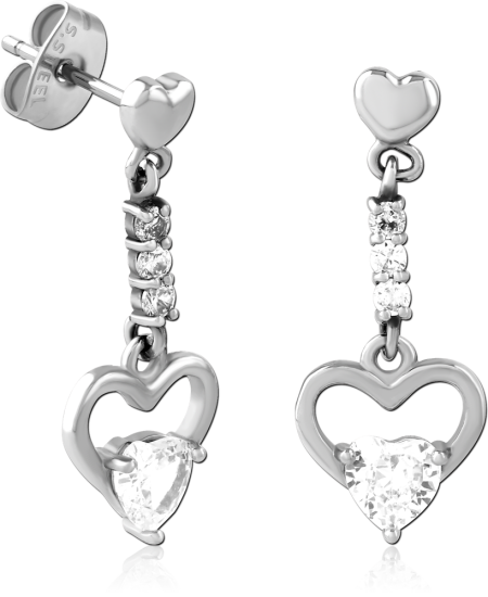 316L SURGICAL STEEL STUD EARRINGS CLEAR GEM HEART DROP WITH OPEN HEART CHARM
