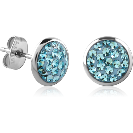 SURGICAL STEEL STUD EARRINGS ROUND BLUE CRYSTAL PAVE BEZEL RIM