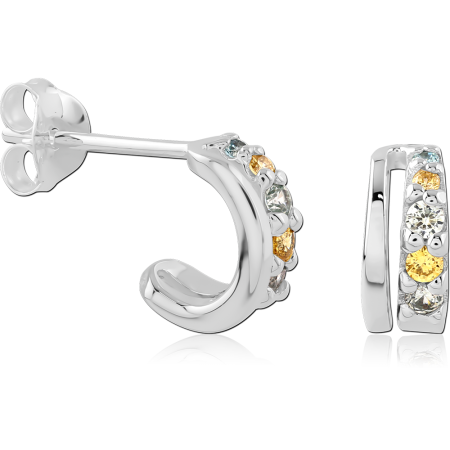 STERLING SILVER 925 STUD EARRINGS HALF HOOP MULTICOLOR STONES CLUSTER ACCENTS