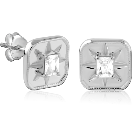 STERLING SILVER 925 STUD EARRINGS SQUARE STARBURST WITH CENTER CLEAR STONE