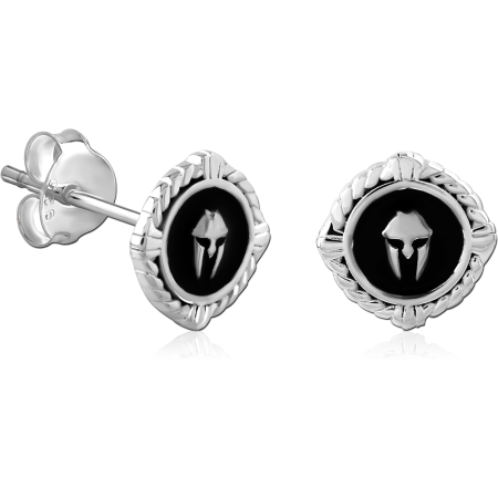 STERLING SILVER 925 STUD EARRINGS BLACK ENAMEL ROUND WITH HELMET MOTIF ROPE BORDER