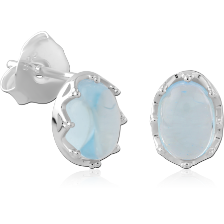 STERLING SILVER 925 STUD EARRINGS OVAL PRONG SETTING WITH TRANSLUCENT LIGHT BLUE CABOCHON