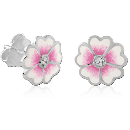 STERLING SILVER 925 STUD EARRINGS PINK ENAMEL FLOWER WITH CLEAR CENTER GEM