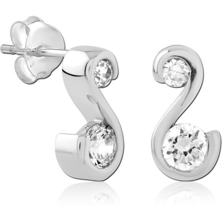 STERLING SILVER 925 STUD EARRINGS CURVED S SHAPE WITH TWO BEZEL SET CLEAR GEMS