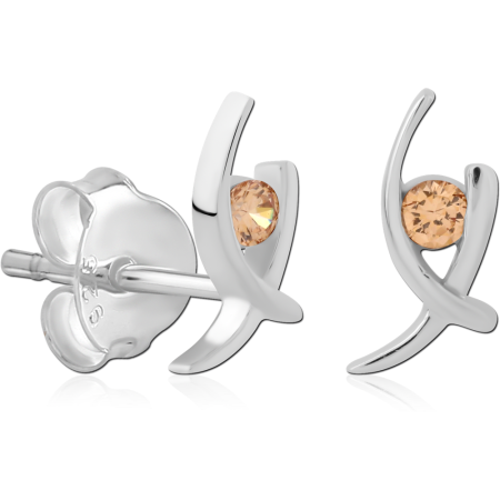 STERLING SILVER 925 STUD EARRINGS ABSTRACT CROSSOVER DESIGN WITH LIGHT AMBER ROUND GEM