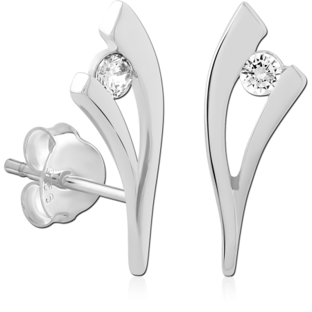 STERLING SILVER 925 STUD EARRINGS ELONGATED OPEN V DESIGN WITH CLEAR ROUND GEM