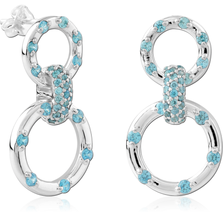 STERLING SILVER 925 STUD EARRINGS DOUBLE LINKED CIRCLES WITH LIGHT BLUE PAVE GEMS