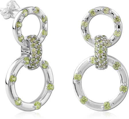 STERLING SILVER 925 STUD EARRINGS DOUBLE LINKED CIRCLES WITH NATURAL PERIDOT STONE PAVE