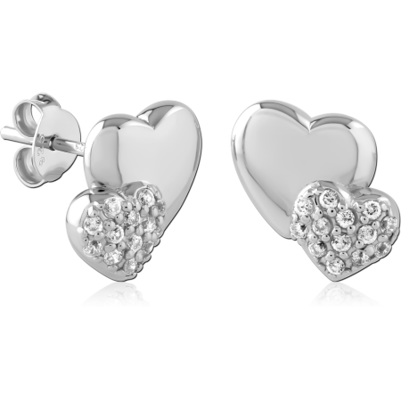 STERLING SILVER 925 STUD EARRINGS DOUBLE HEART DESIGN WITH PAVE CLEAR GEM ACCENTS