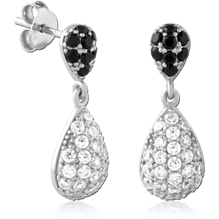 STERLING SILVER 925 STUD EARRINGS TEARDROP DANGLE BLACK AND CLEAR PAVE GEMS