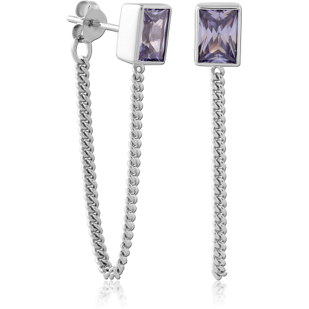 STERLING SILVER 925 STUD EARRINGS RECTANGULAR LAVENDER GEM WITH LONG CHAIN DANGLE