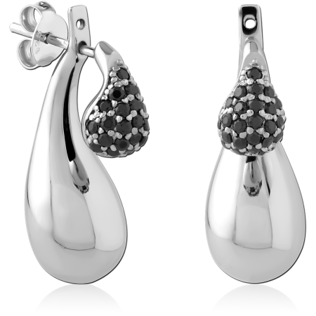 STERLING SILVER 925 STUD EARRINGS TEARDROP DANGLE WITH BLACK PAVE TEARDROP CHARM