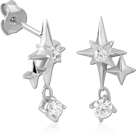 STERLING SILVER 925 STUD EARRINGS DOUBLE STARBURST WITH CLEAR GEM DANGLE