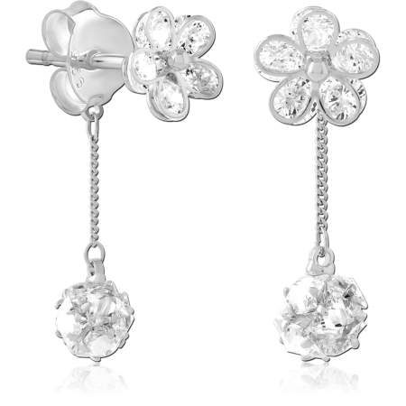 STERLING SILVER 925 STUD EARRINGS FLOWER WITH CHAIN AND CLEAR GEM BALL DANGLE