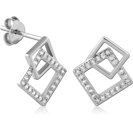 STERLING SILVER 925 STUD EARRINGS INTERLOCKING SQUARE OUTLINE WITH CLEAR GEM ACCENTS