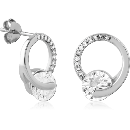 STERLING SILVER 925 STUD EARRINGS OPEN CIRCLE WITH CLEAR GEM ACCENTS AND ROUND GEM