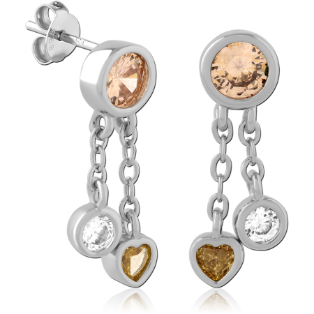 STERLING SILVER 925 STUD EARRINGS CHAMPAGNE GEM WITH CHAINS ROUND AND HEART GEM DANGLES