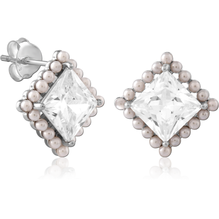 STERLING SILVER 925 STUD EARRINGS DIAMOND SHAPE WITH BEADED FRAME AND CLEAR GEM