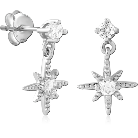 STERLING SILVER 925 STUD EARRINGS STARBURST DANGLE WITH CLEAR GEMS AND BEADED DETAIL