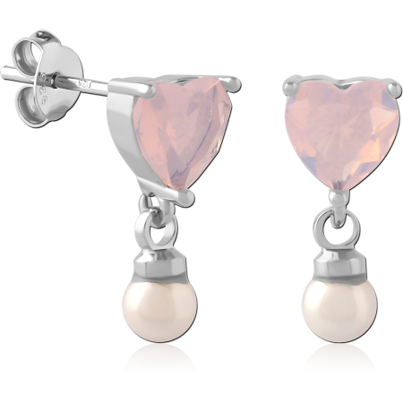 STERLING SILVER 925 STUD EARRINGS HEART PINK GEM WITH PEARL CHARM