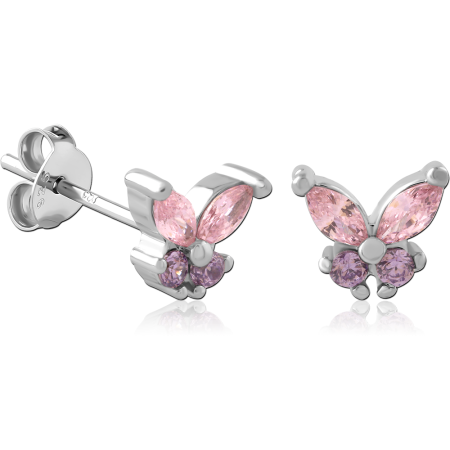 STERLING SILVER 925 STUD EARRINGS BUTTERFLY PINK AND PURPLE GEM CLUSTER