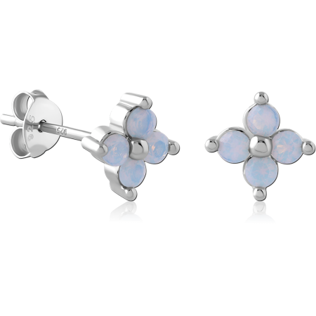 STERLING SILVER 925 STUD EARRINGS FOUR PETAL FLOWER WHITE CABOCHON GEMS