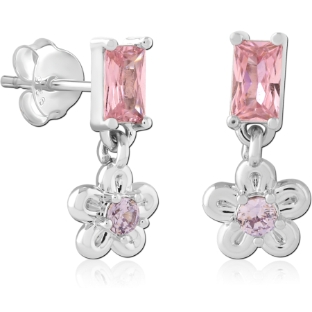 STERLING SILVER 925 STUD EARRINGS PINK BAGUETTE GEM WITH FLOWER CHARM