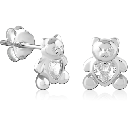 STERLING SILVER 925 STUD EARRINGS TEDDY BEAR WITH HEART GEM CENTER