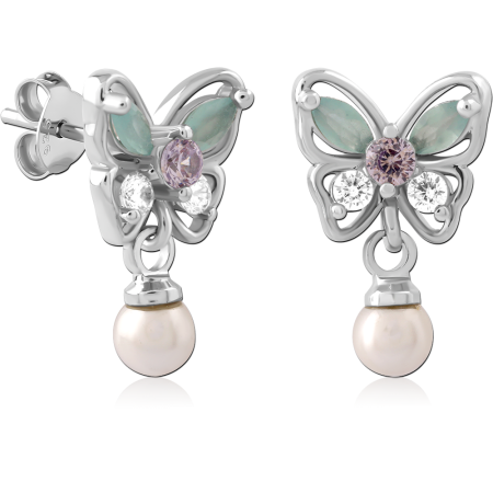 STERLING SILVER 925 STUD EARRINGS BUTTERFLY GREEN WINGS PINK GEM WITH PEARL CHARM
