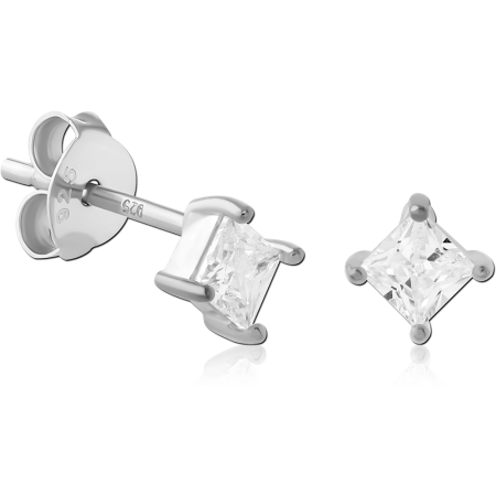 STERLING SILVER 925 STUD EARRINGS PRINCESS CUT CLEAR GEM SOLITAIRE PRONG SET