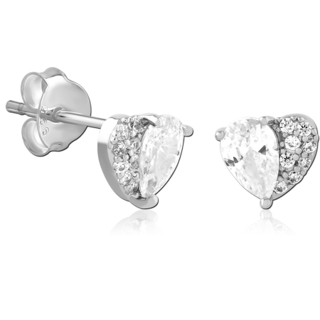 STERLING SILVER 925 STUD EARRINGS HEART PEAR GEM AND PAVE GEMS