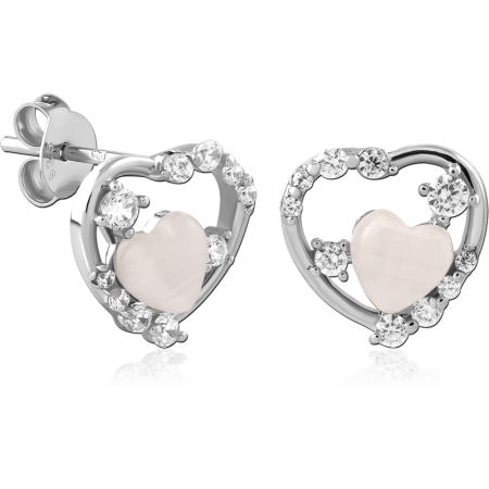 STERLING SILVER 925 STUD EARRINGS OPEN HEART CLEAR GEMS PINK HEART CENTER