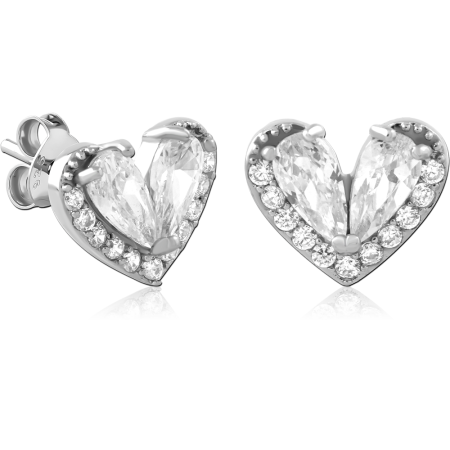 STERLING SILVER 925 STUD EARRINGS HEART HALO WITH TWIN PEAR GEM CENTER