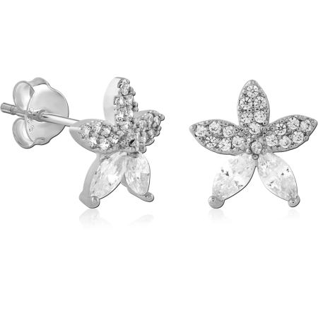 STERLING SILVER 925 STUD EARRINGS FIVE PETAL FLOWER MIXED GEM CLUSTER