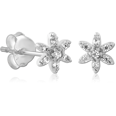 STERLING SILVER 925 STUD EARRINGS PETAL FLOWER CLUSTER GEM DESIGN DETAIL