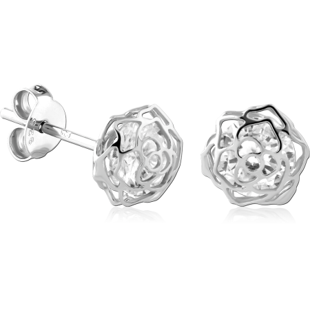 STERLING SILVER 925 STUD EARRINGS OPENWORK ROSE OUTLINE WITH CENTER GEM DESIGN