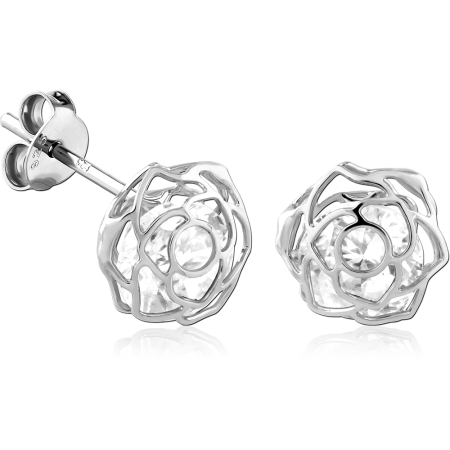 STERLING SILVER 925 STUD EARRINGS CUTOUT ROSE BLOOM WITH CENTER GEM DESIGN