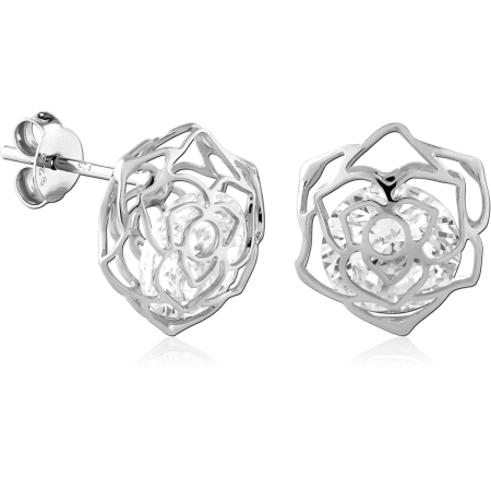 STERLING SILVER 925 STUD EARRINGS OUTLINE ROSE FLOWER WITH CENTER GEM DESIGN