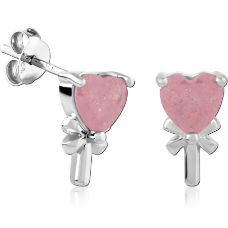 STERLING SILVER 925 STUD EARRINGS HEART PINK STONE WITH BOW