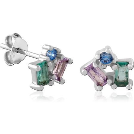STERLING SILVER 925 STUD EARRINGS GEOMETRIC PINK AND CHAMPAGNE BAGUETTE GEM CLUSTER