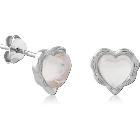 STERLING SILVER 925 STUD EARRINGS HEART IRIDESCENT CABOCHON