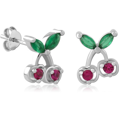 STERLING SILVER 925 STUD EARRINGS CHERRY RED GEMS GREEN LEAVES