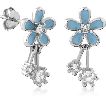 STERLING SILVER 925 STUD EARRINGS BLUE ENAMEL FLOWER WITH DANGLE GEMS